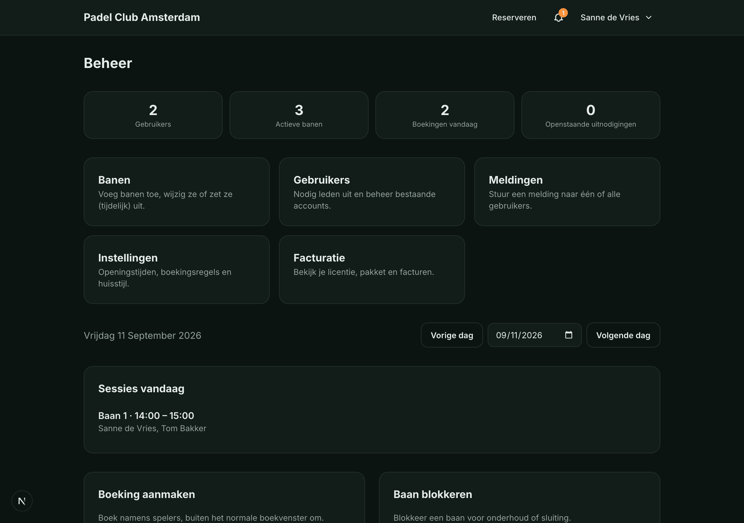 Courty admin dashboard with stats and management sections