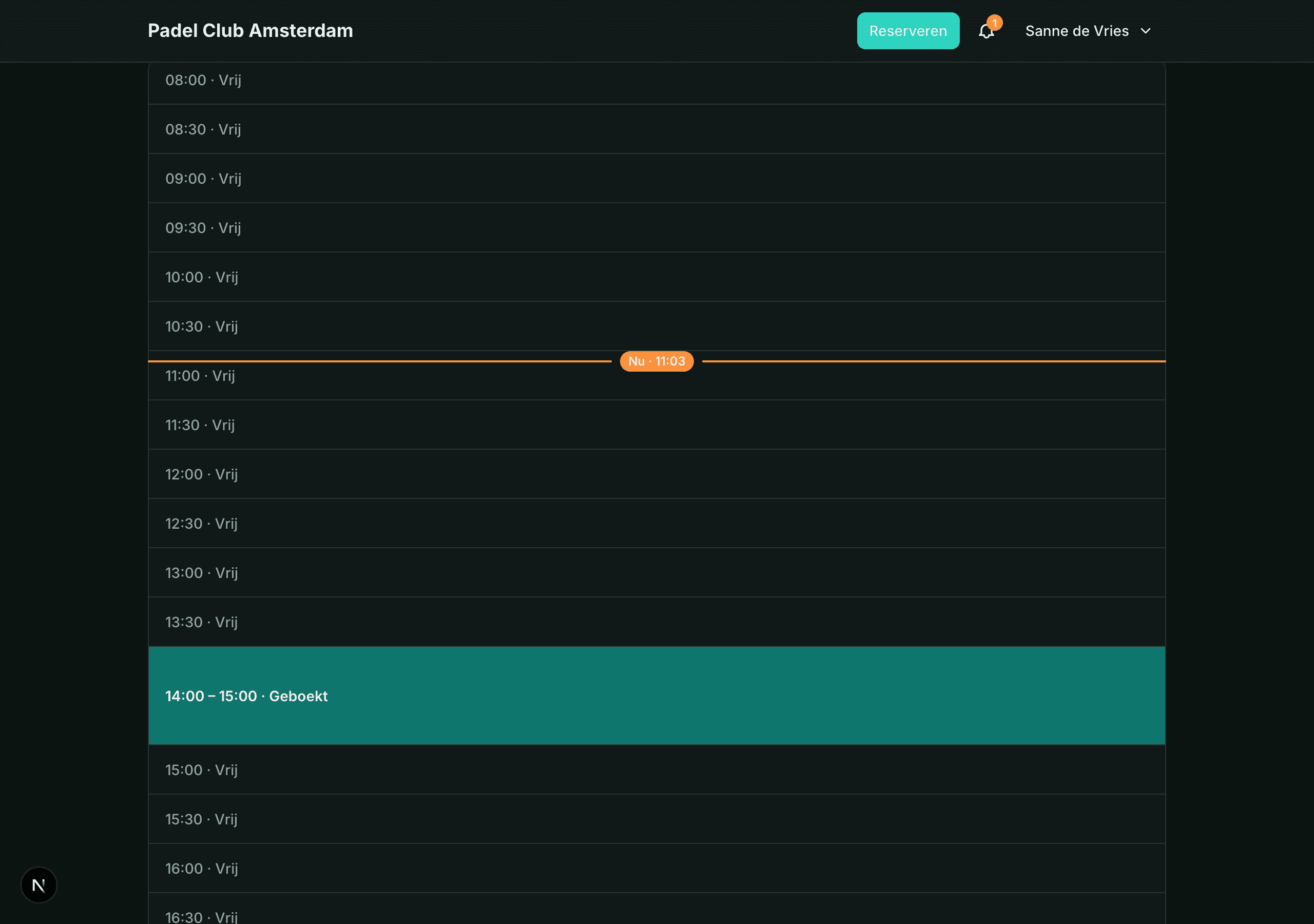 Courty booking grid showing available and booked court slots